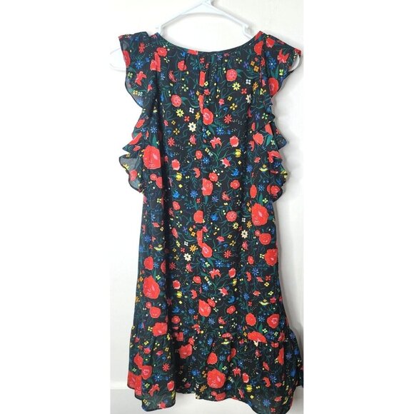 J Crew Womens Sz XXS Midi Shift Dress Black Floral flutter sleeve Key Hole - Picture 2 of 15
